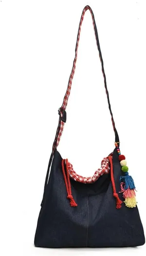 Women Denim Shoulder Handbag Retro Underarm Bag Large Capacity Crossbody Bag with Tassel Pendant Decoration