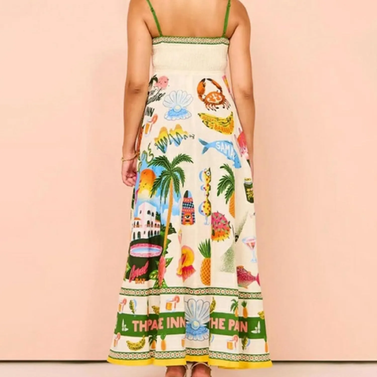 Women Dresses 2025 Cute Print Maxi Cami Dresses Sleeveless Casual Spaghetti Strap Graffiti Dress Vacation Dresses