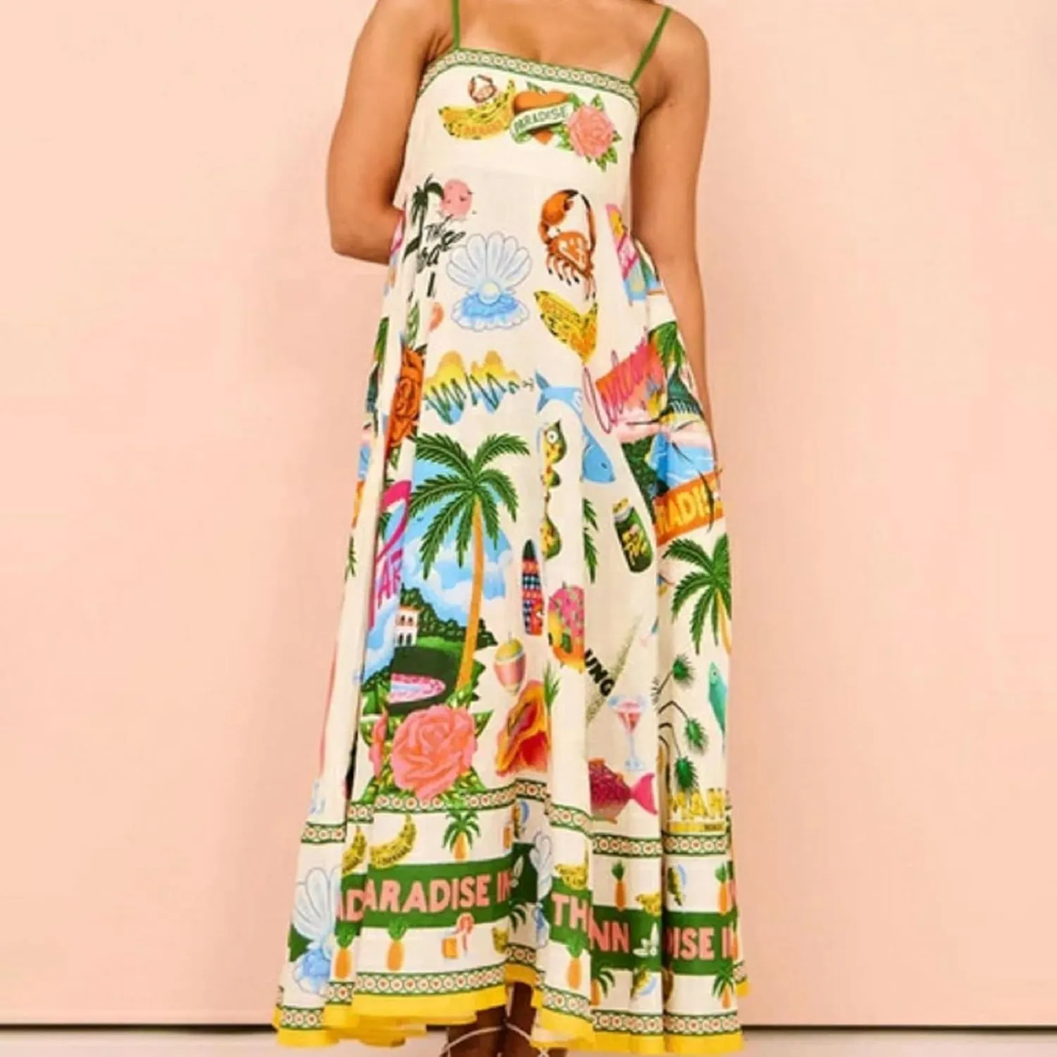 Women Dresses 2025 Cute Print Maxi Cami Dresses Sleeveless Casual Spaghetti Strap Graffiti Dress Vacation Dresses
