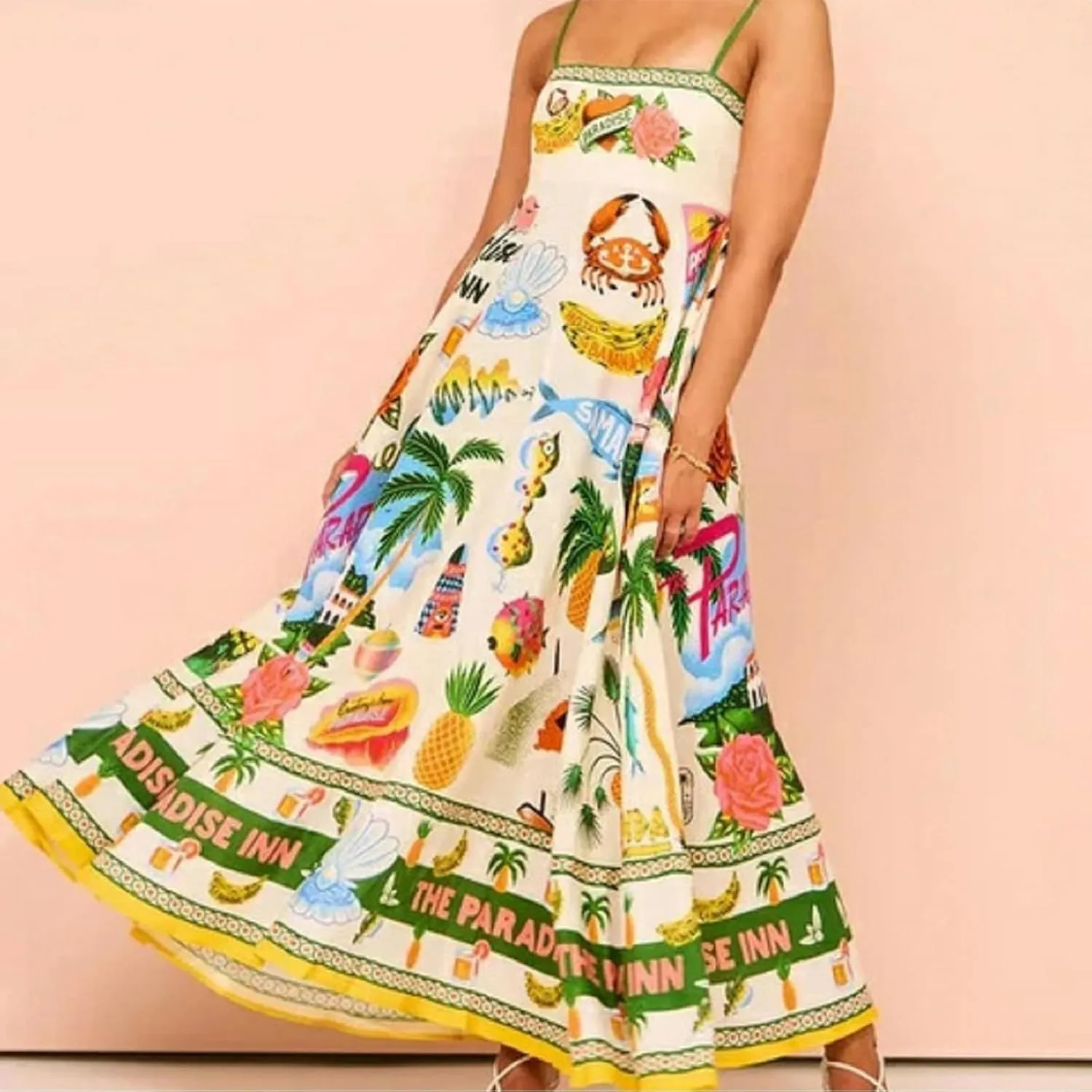 Women Dresses 2025 Cute Print Maxi Cami Dresses Sleeveless Casual Spaghetti Strap Graffiti Dress Vacation Dresses
