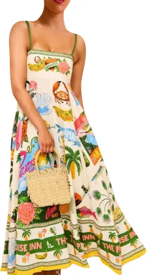 Women Dresses 2025 Cute Print Maxi Cami Dresses Sleeveless Casual Spaghetti Strap Graffiti Dress Vacation Dresses