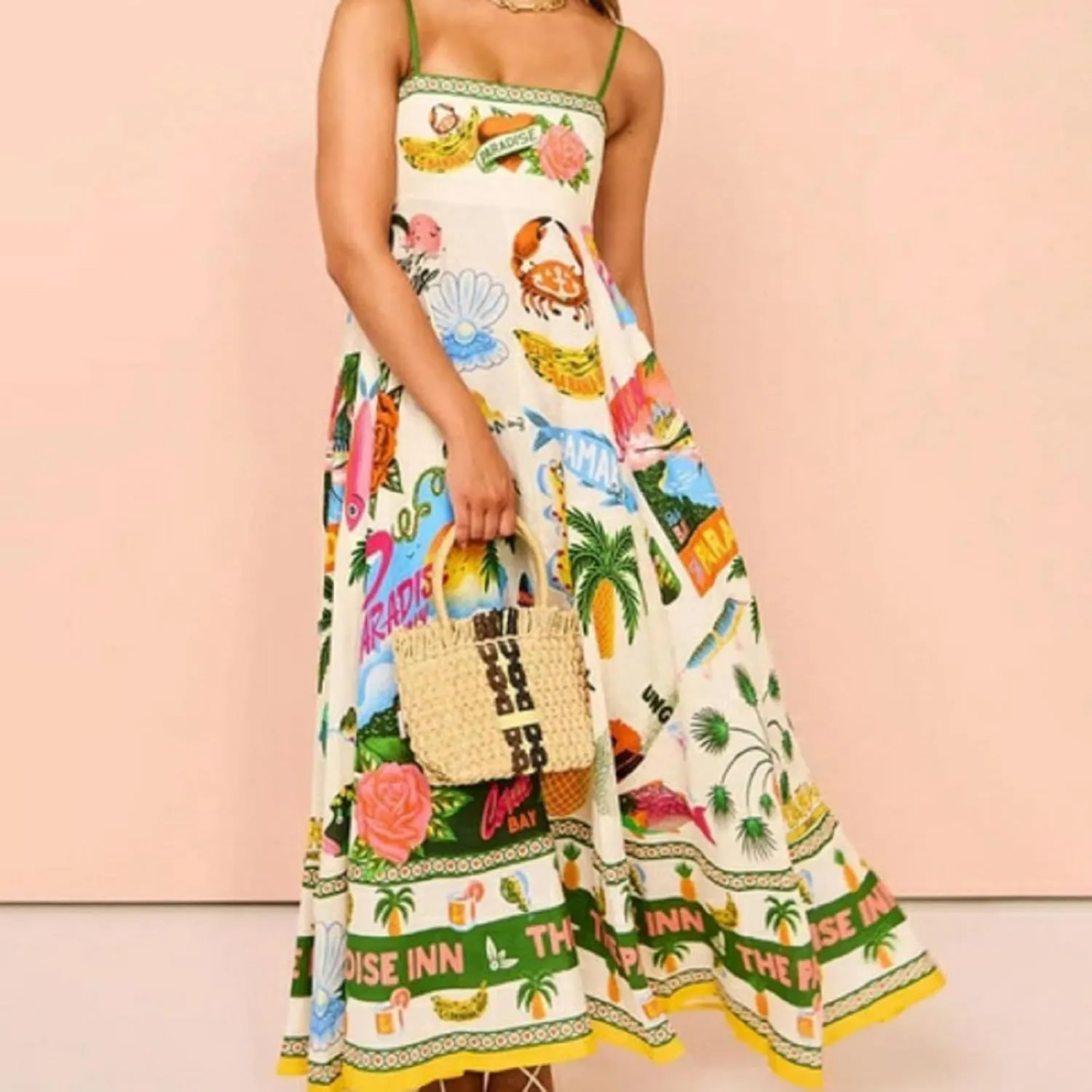 Women Dresses 2025 Cute Print Maxi Cami Dresses Sleeveless Casual Spaghetti Strap Graffiti Dress Vacation Dresses