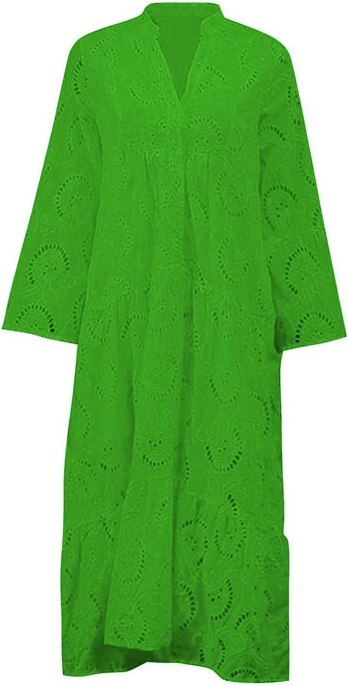 Women Eyelet Dress Boho Maxi Dress Elegant Lace Hollow Dress Summer V Neck Bell Sleeve Ruffle Casual Flowy Long Dress