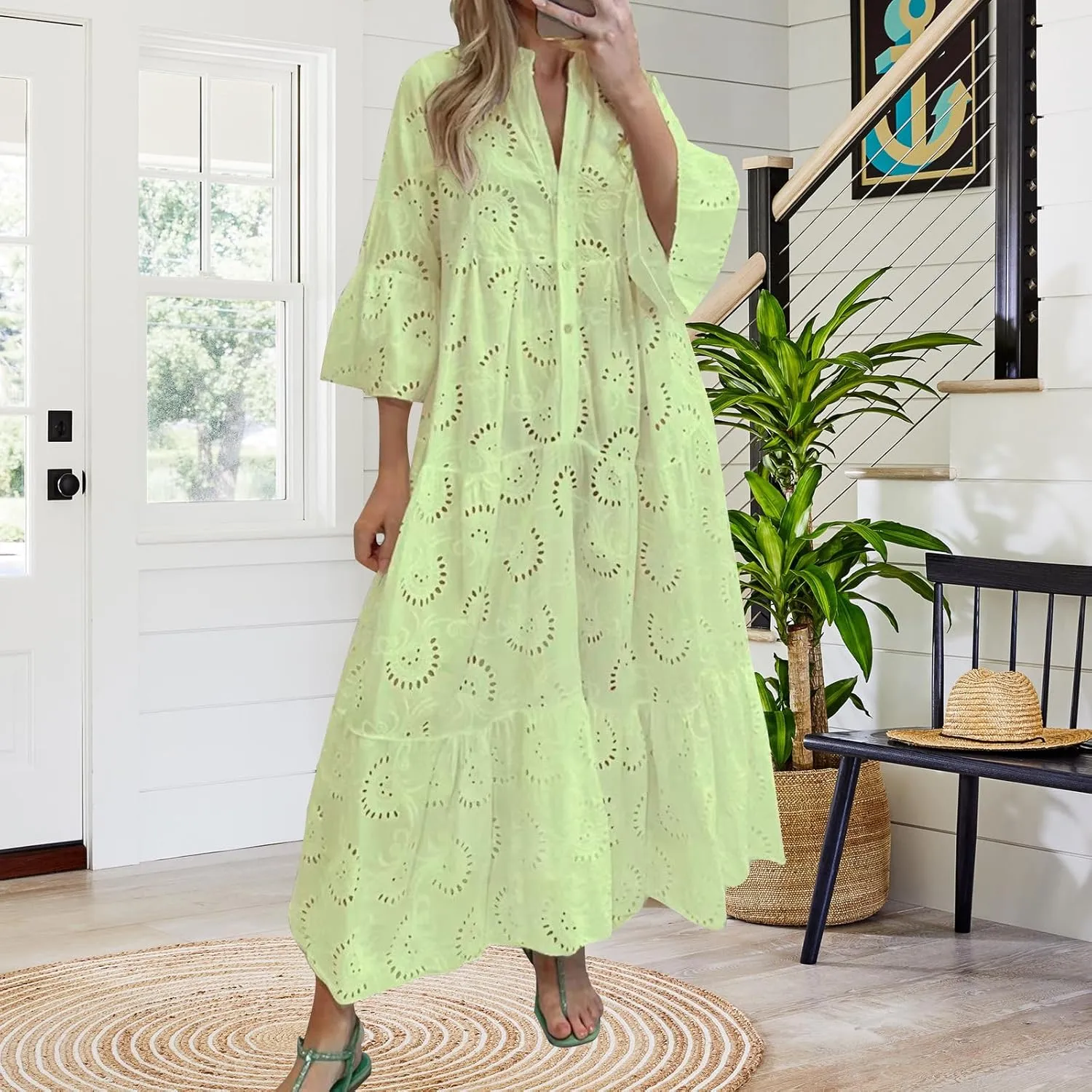 Women Eyelet Dress Boho Maxi Dress Elegant Lace Hollow Dress Summer V Neck Bell Sleeve Ruffle Casual Flowy Long Dress