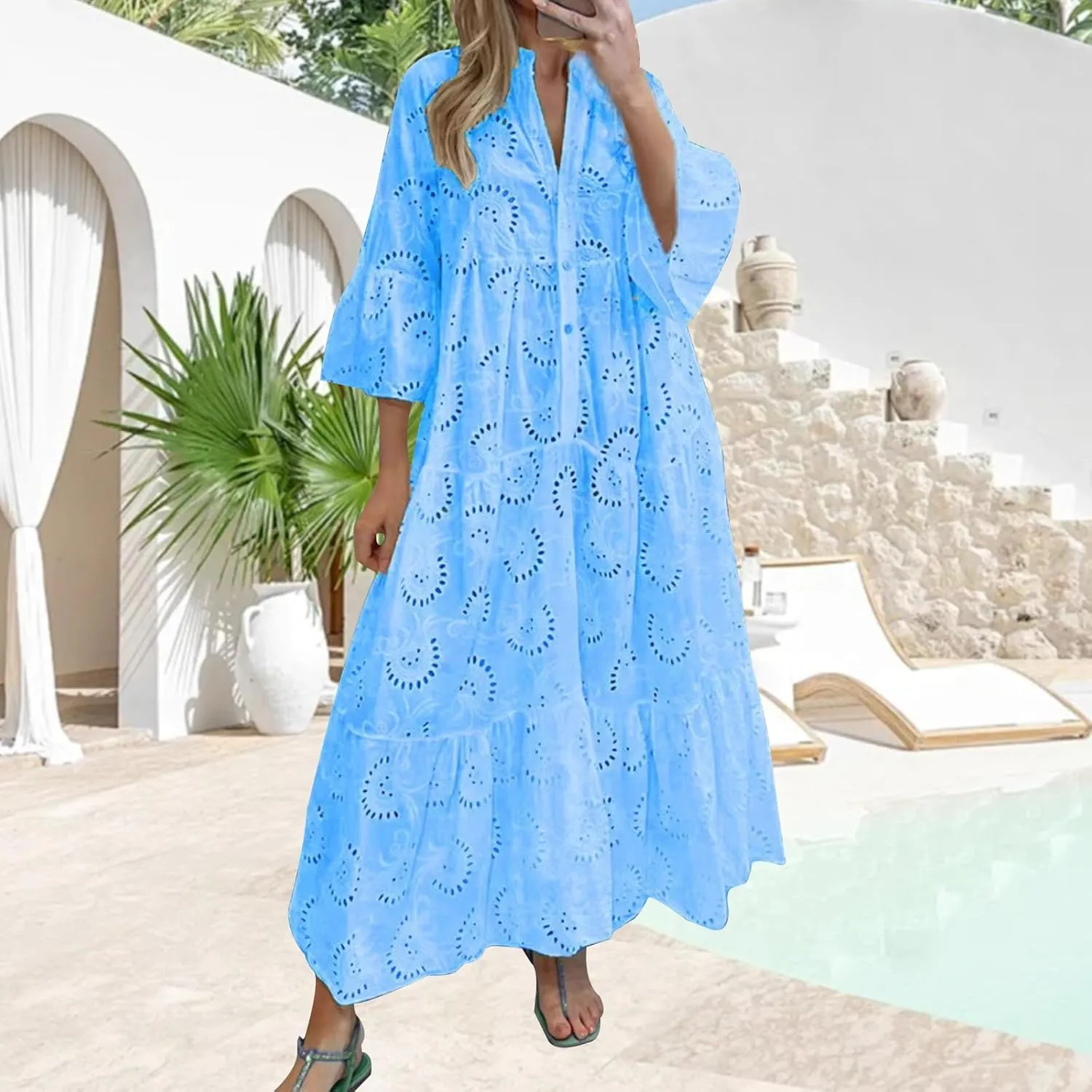 Women Eyelet Dress Boho Maxi Dress Elegant Lace Hollow Dress Summer V Neck Bell Sleeve Ruffle Casual Flowy Long Dress