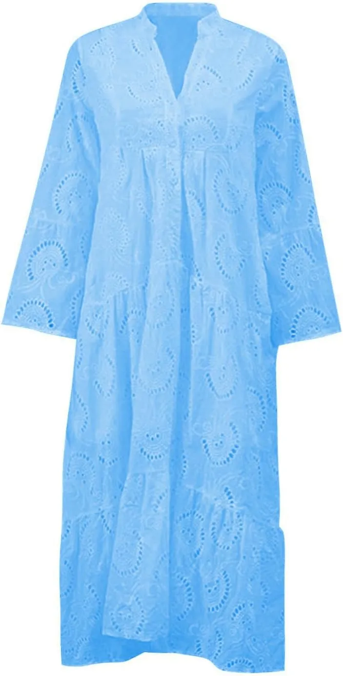 Women Eyelet Dress Boho Maxi Dress Elegant Lace Hollow Dress Summer V Neck Bell Sleeve Ruffle Casual Flowy Long Dress