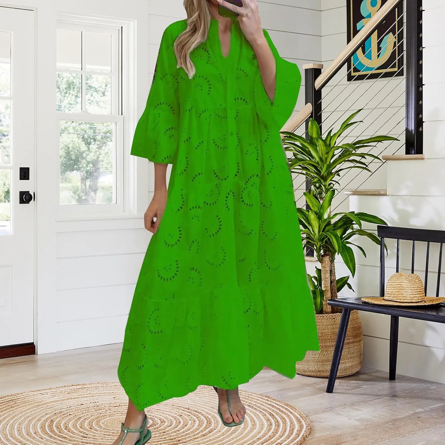 Women Eyelet Dress Boho Maxi Dress Elegant Lace Hollow Dress Summer V Neck Bell Sleeve Ruffle Casual Flowy Long Dress