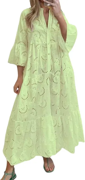 Women Eyelet Dress Boho Maxi Dress Elegant Lace Hollow Dress Summer V Neck Bell Sleeve Ruffle Casual Flowy Long Dress