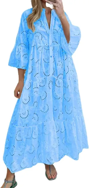 Women Eyelet Dress Boho Maxi Dress Elegant Lace Hollow Dress Summer V Neck Bell Sleeve Ruffle Casual Flowy Long Dress