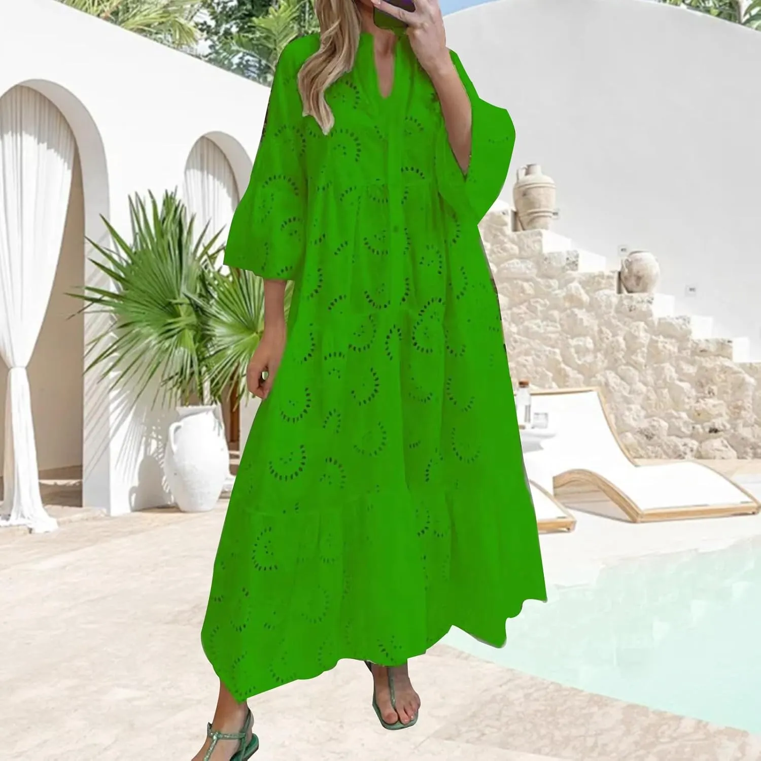 Women Eyelet Dress Boho Maxi Dress Elegant Lace Hollow Dress Summer V Neck Bell Sleeve Ruffle Casual Flowy Long Dress