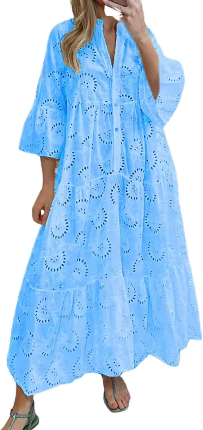 Women Eyelet Dress Boho Maxi Dress Elegant Lace Hollow Dress Summer V Neck Bell Sleeve Ruffle Casual Flowy Long Dress