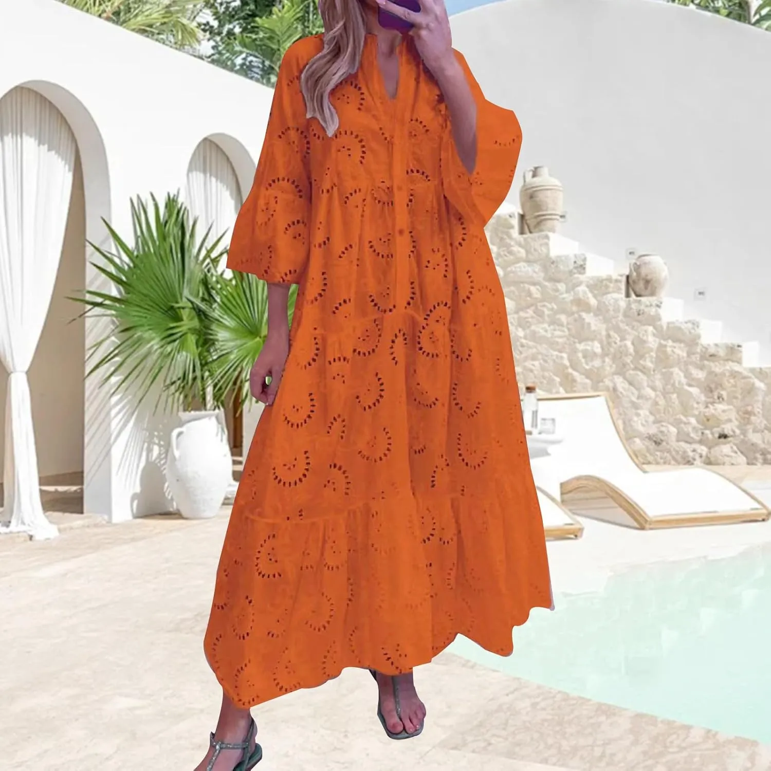 Women Eyelet Dress Boho Maxi Dress Elegant Lace Hollow Dress Summer V Neck Bell Sleeve Ruffle Casual Flowy Long Dress