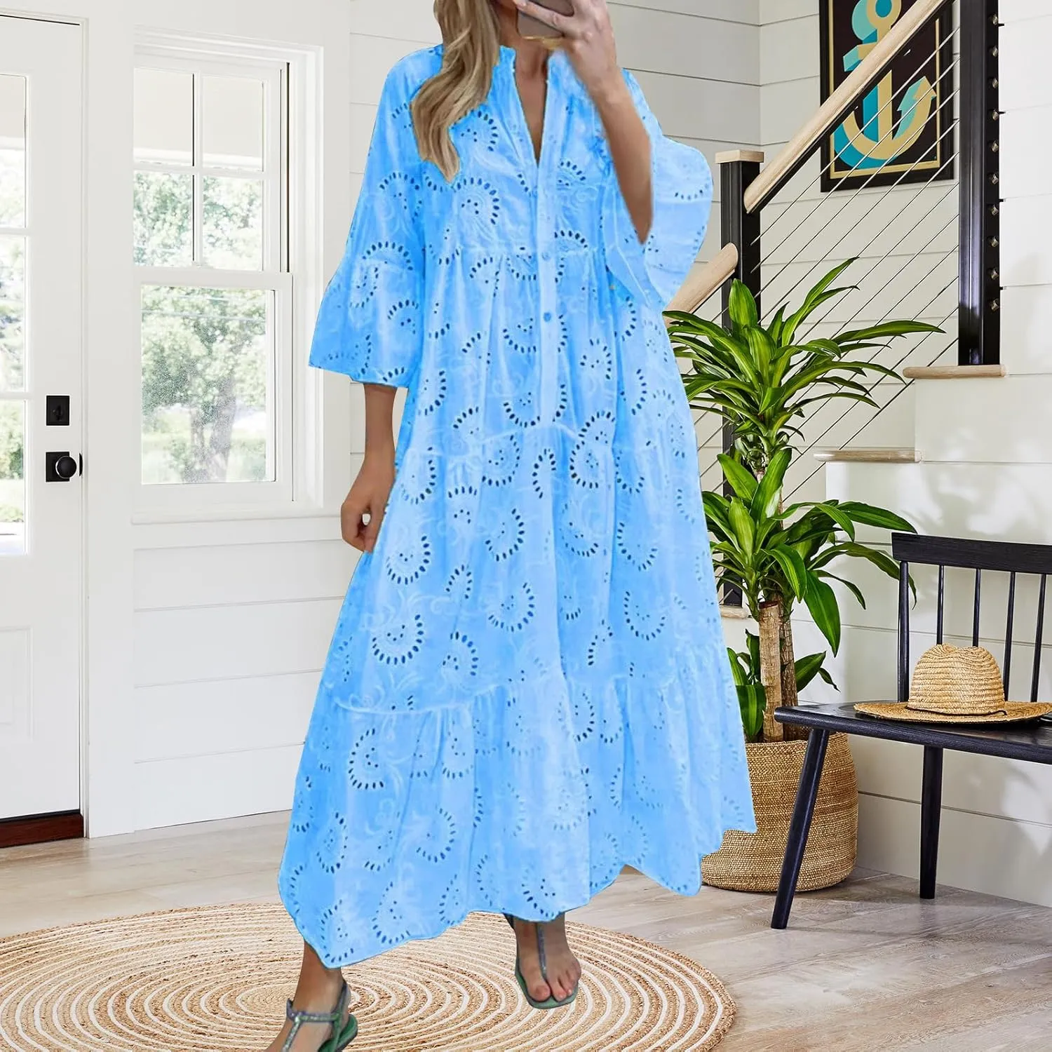 Women Eyelet Dress Boho Maxi Dress Elegant Lace Hollow Dress Summer V Neck Bell Sleeve Ruffle Casual Flowy Long Dress