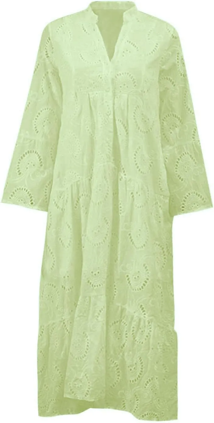 Women Eyelet Dress Boho Maxi Dress Elegant Lace Hollow Dress Summer V Neck Bell Sleeve Ruffle Casual Flowy Long Dress