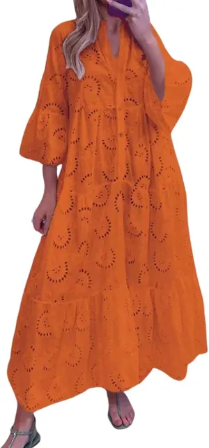Women Eyelet Dress Boho Maxi Dress Elegant Lace Hollow Dress Summer V Neck Bell Sleeve Ruffle Casual Flowy Long Dress