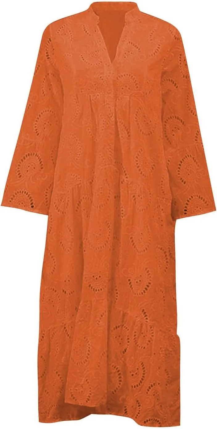 Women Eyelet Dress Boho Maxi Dress Elegant Lace Hollow Dress Summer V Neck Bell Sleeve Ruffle Casual Flowy Long Dress