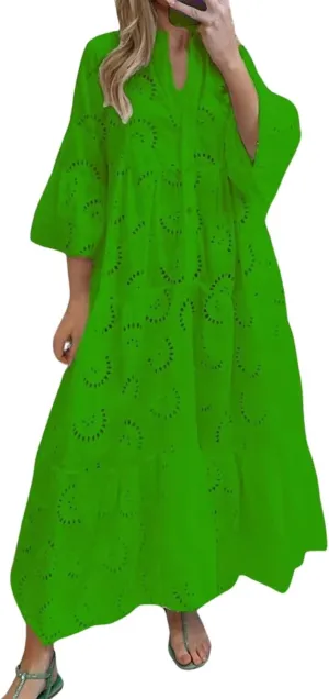 Women Eyelet Dress Boho Maxi Dress Elegant Lace Hollow Dress Summer V Neck Bell Sleeve Ruffle Casual Flowy Long Dress