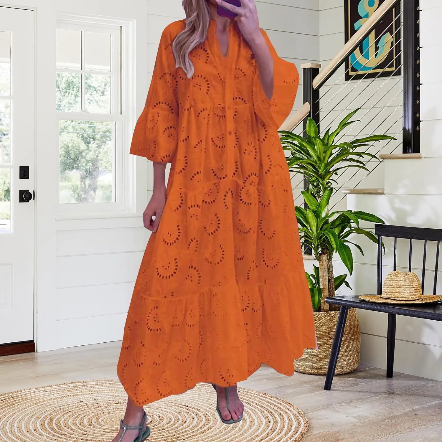 Women Eyelet Dress Boho Maxi Dress Elegant Lace Hollow Dress Summer V Neck Bell Sleeve Ruffle Casual Flowy Long Dress
