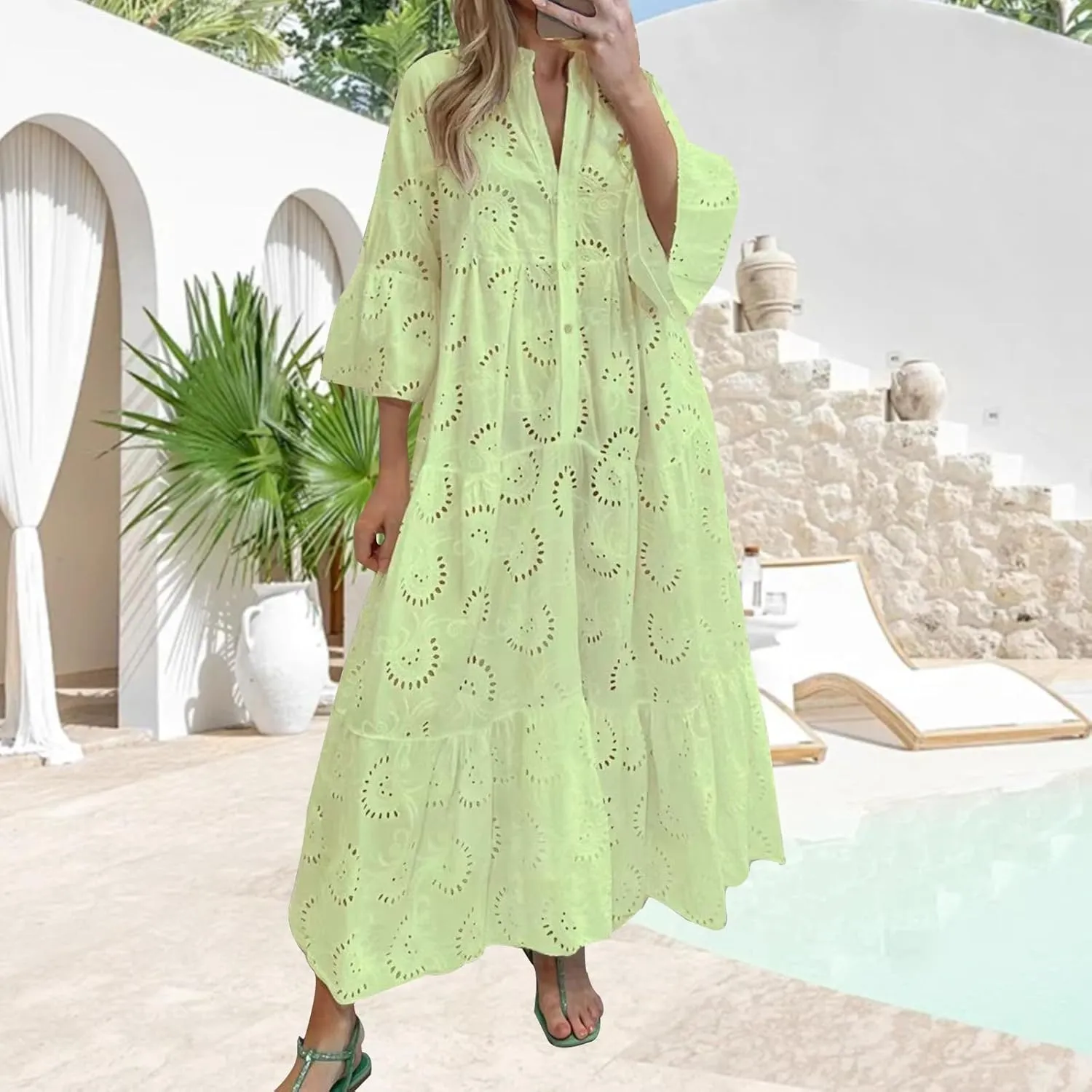 Women Eyelet Dress Boho Maxi Dress Elegant Lace Hollow Dress Summer V Neck Bell Sleeve Ruffle Casual Flowy Long Dress
