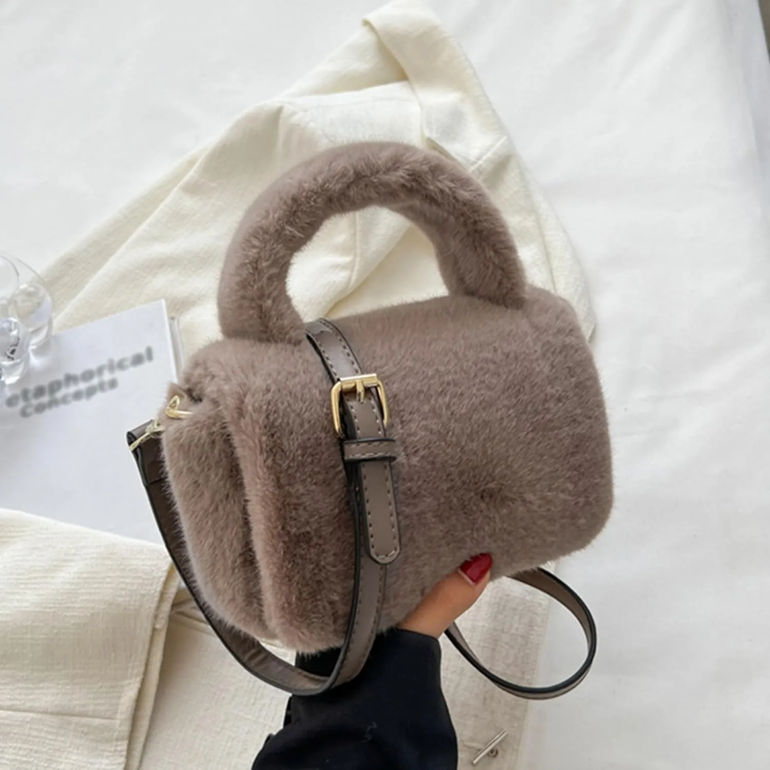 Women Faux Fur Winter Fashion Shoulder Bag Barrel Shape Drawstring Satchel Purse