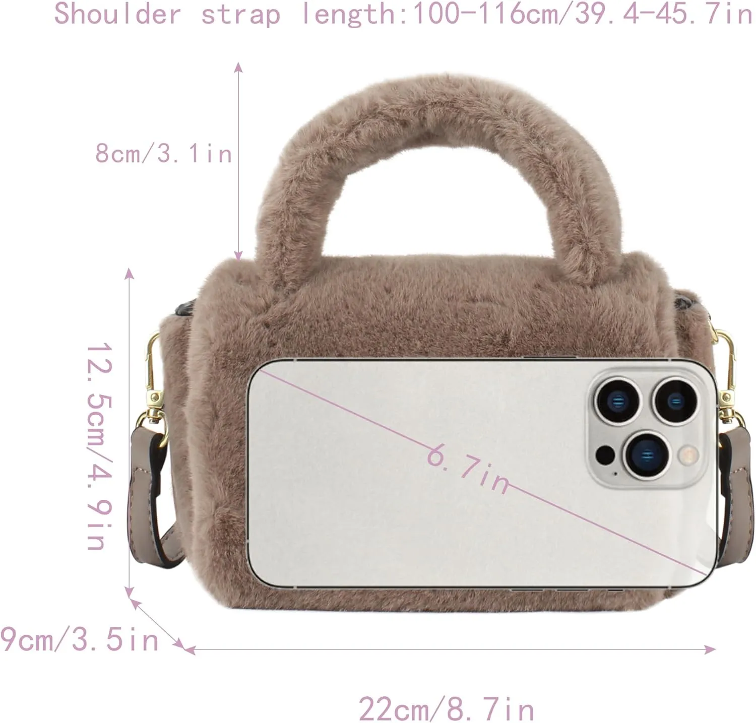 Women Faux Fur Winter Fashion Shoulder Bag Barrel Shape Drawstring Satchel Purse