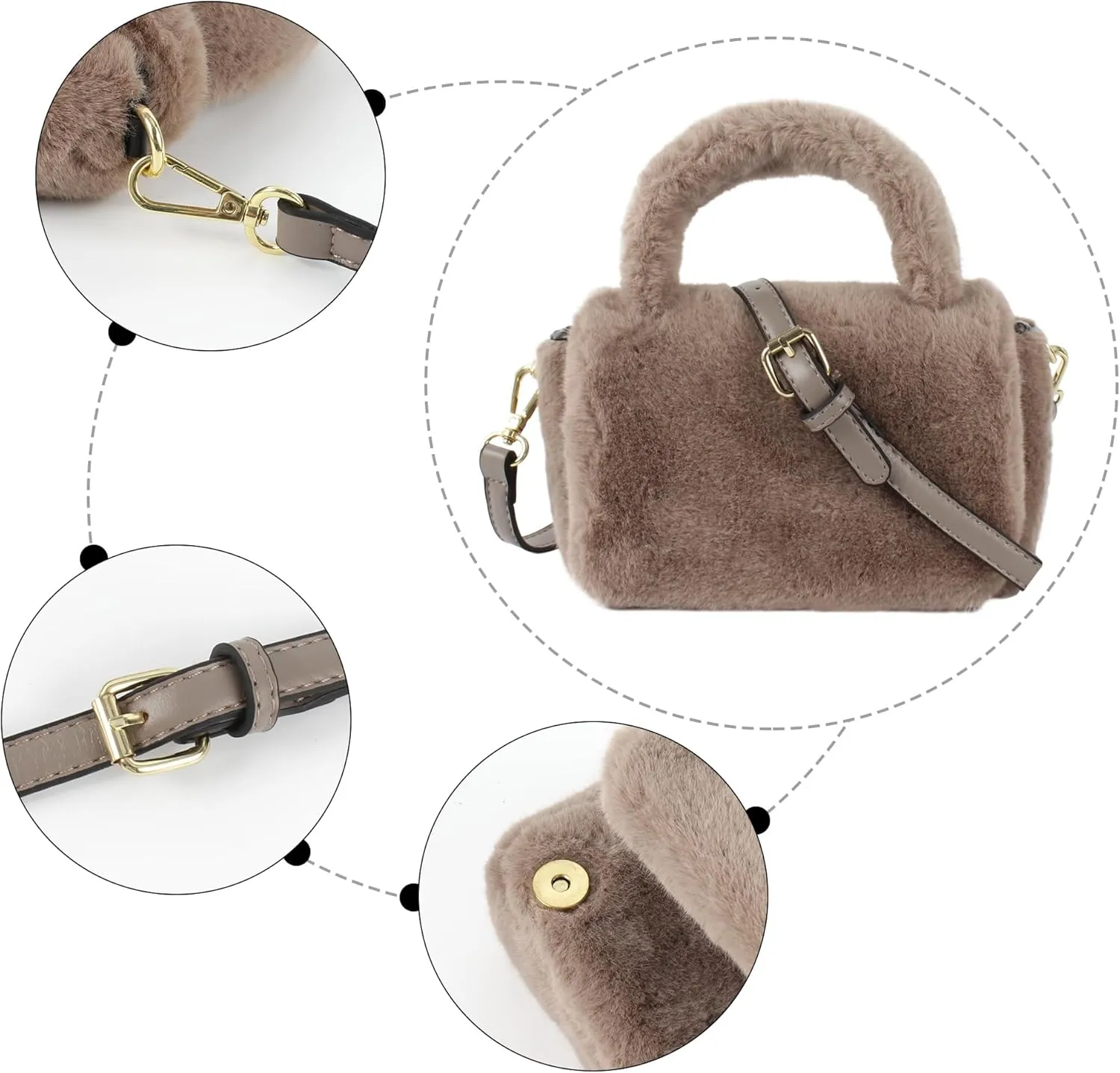 Women Faux Fur Winter Fashion Shoulder Bag Barrel Shape Drawstring Satchel Purse