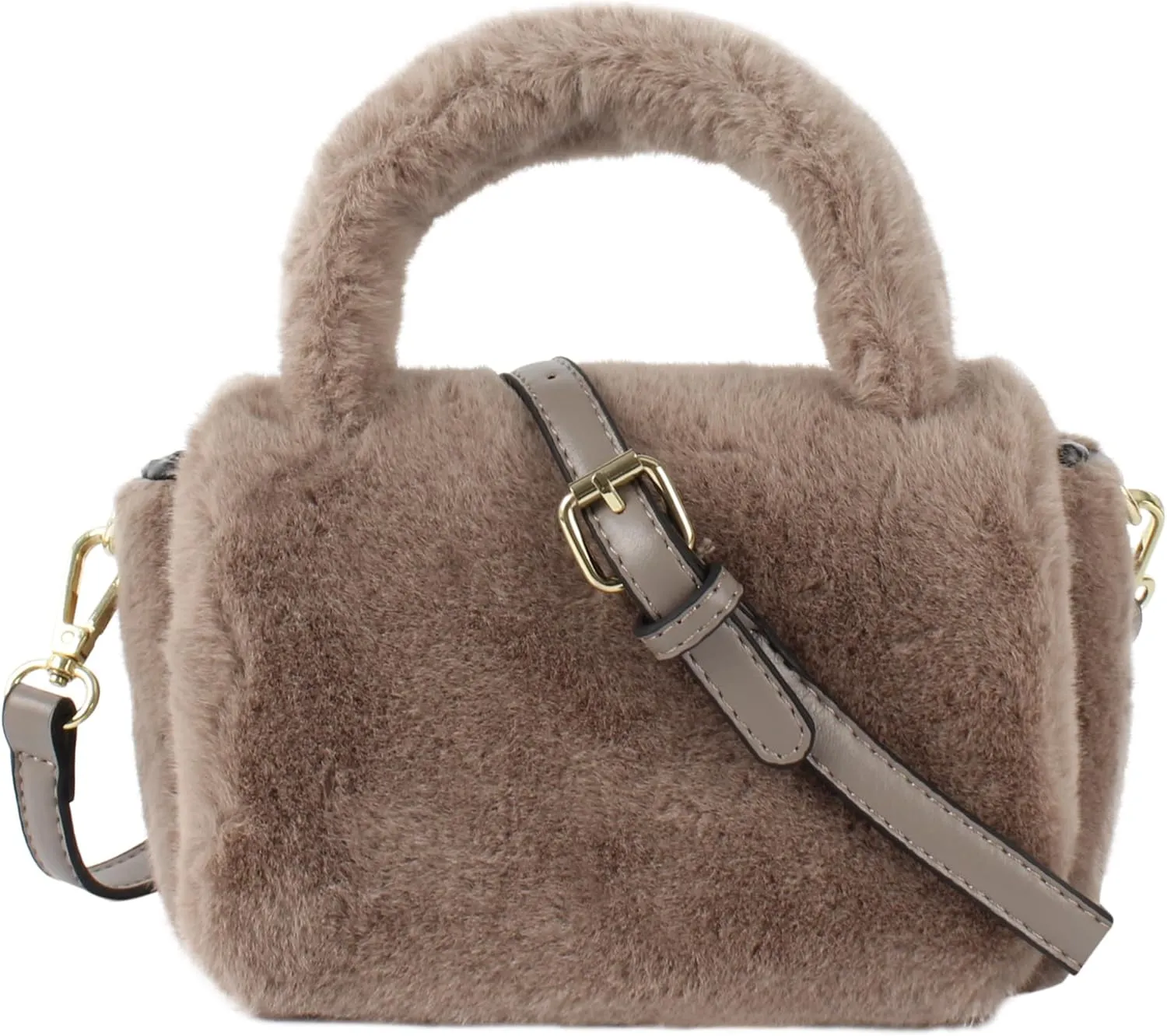 Women Faux Fur Winter Fashion Shoulder Bag Barrel Shape Drawstring Satchel Purse