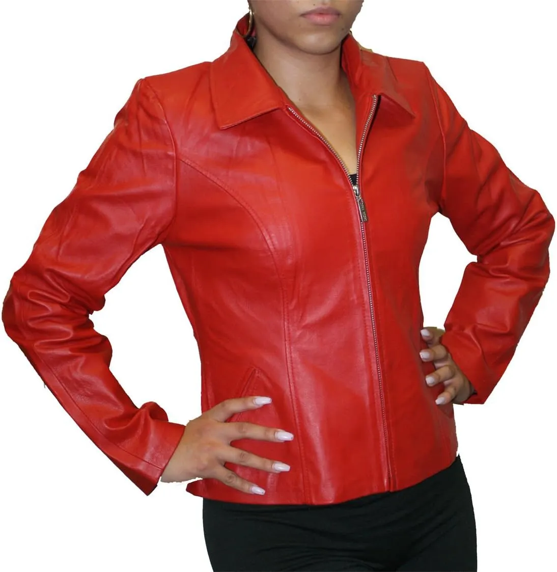 Women Genuine Soft napa Leather Short Fitted Waist Zipper Closure Leather Jacket