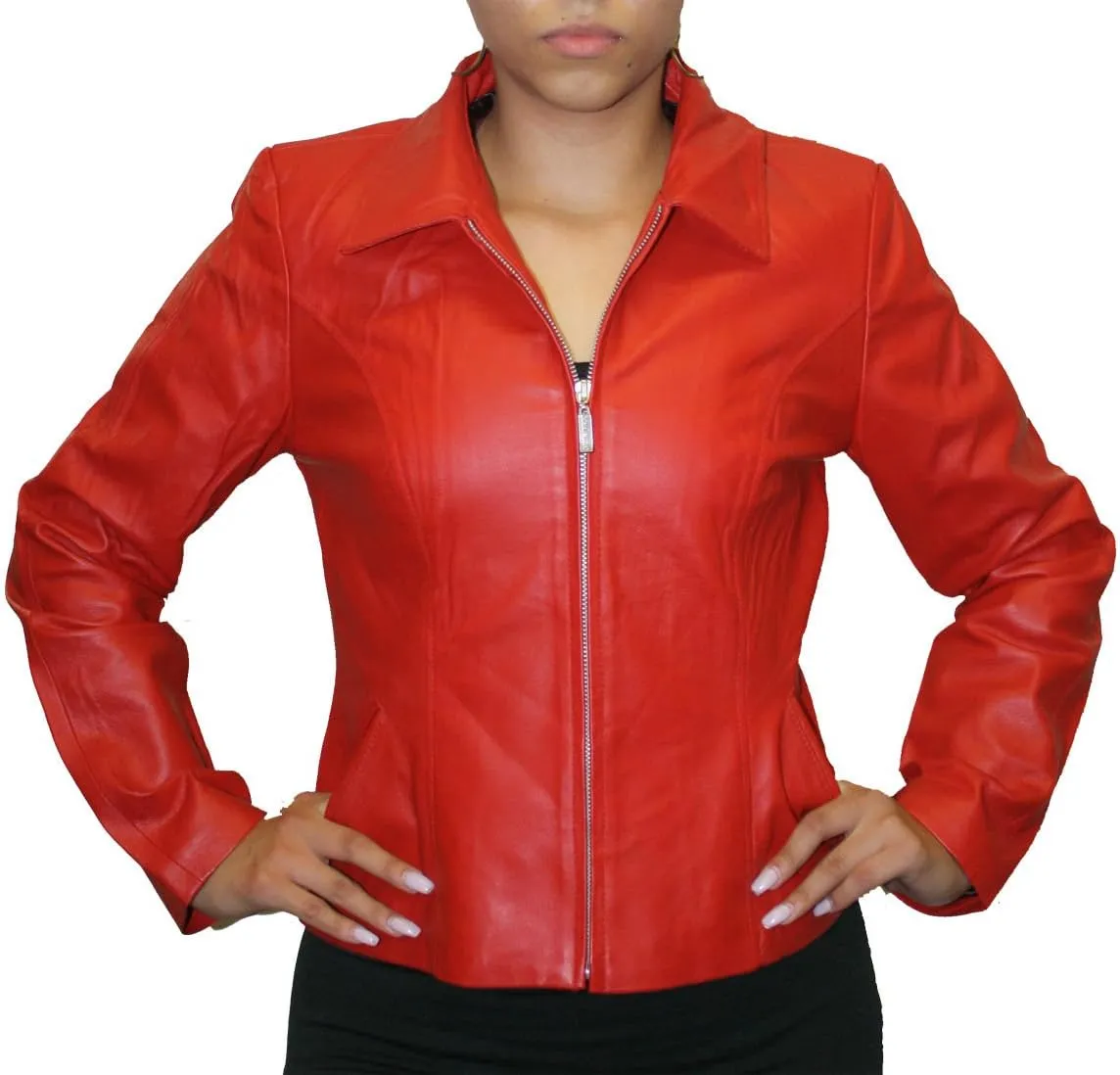 Women Genuine Soft napa Leather Short Fitted Waist Zipper Closure Leather Jacket