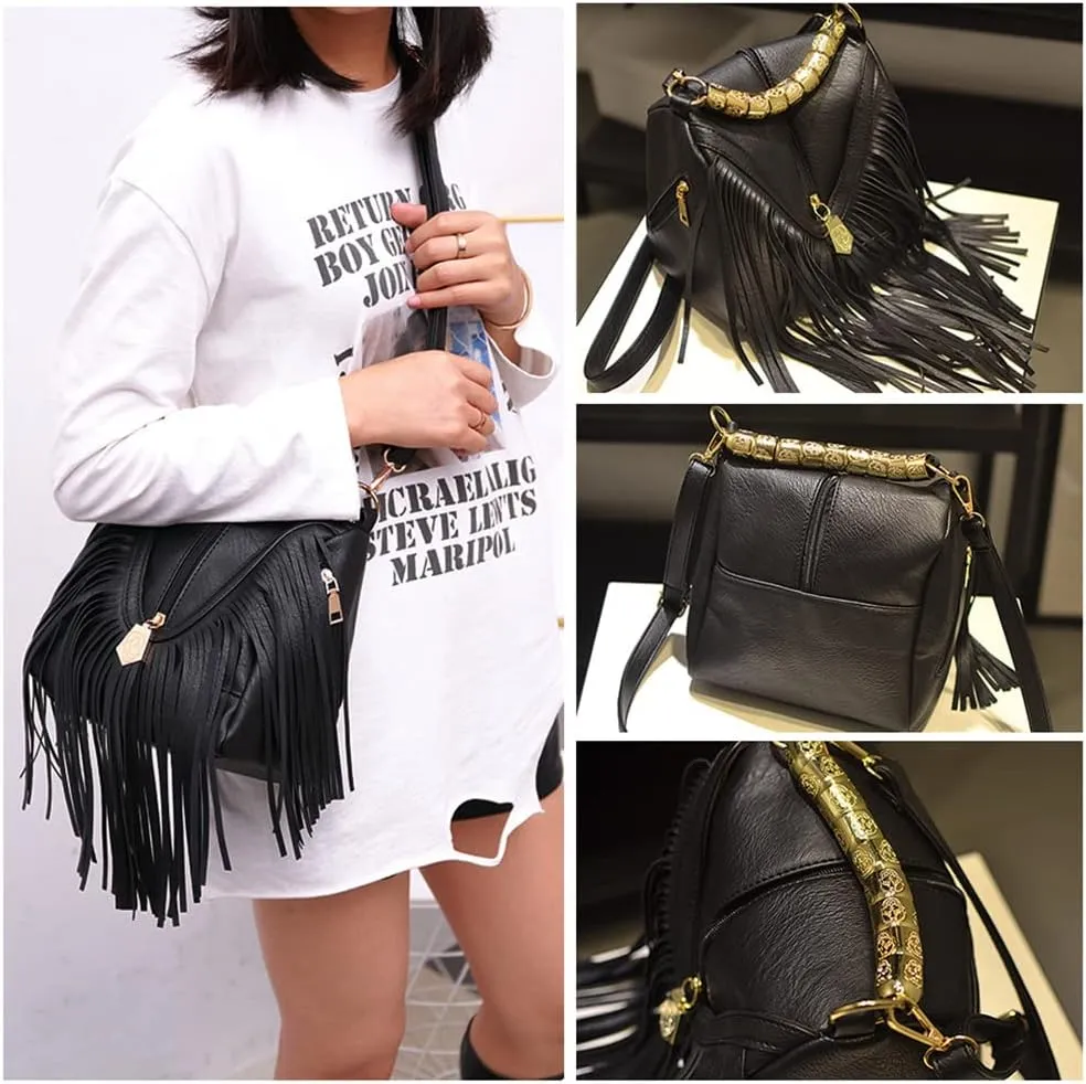 Women Handbag PU Leather Bohemian Bucket Bag Tassel Bag Shoulder Bag Messenger Bag Girl Bag (Black)