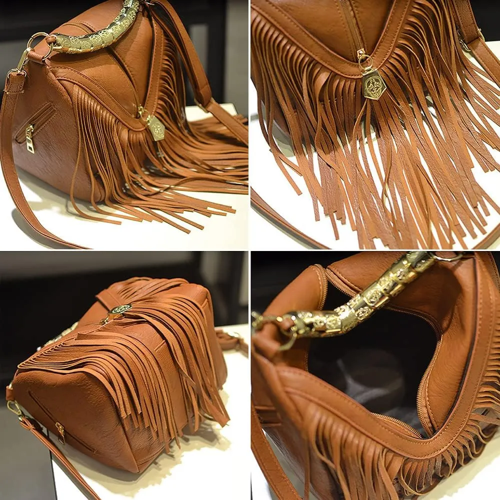 Women Handbag PU Leather Bohemian Bucket Bag Tassel Bag Shoulder Bag Messenger Bag Girl Bag (Black)