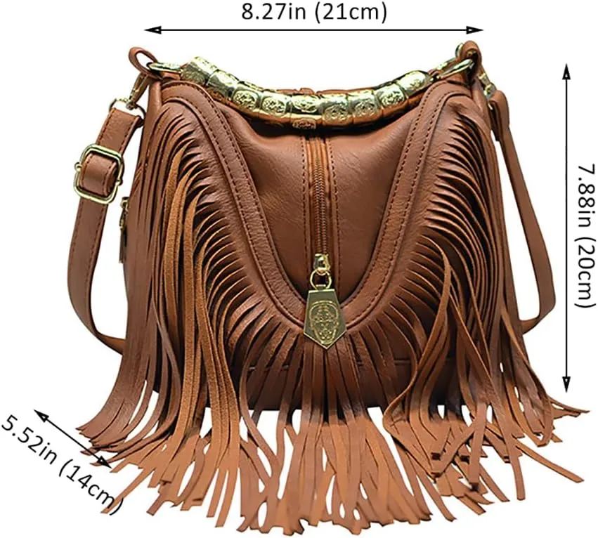 Women Handbag PU Leather Bohemian Bucket Bag Tassel Bag Shoulder Bag Messenger Bag Girl Bag (Black)