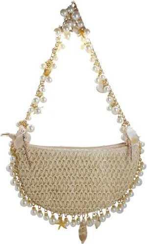Women Pearl Straw Clutch Purse Woven Summer Beach Evening Bag Wedding Party Straw Shoulder Handbag