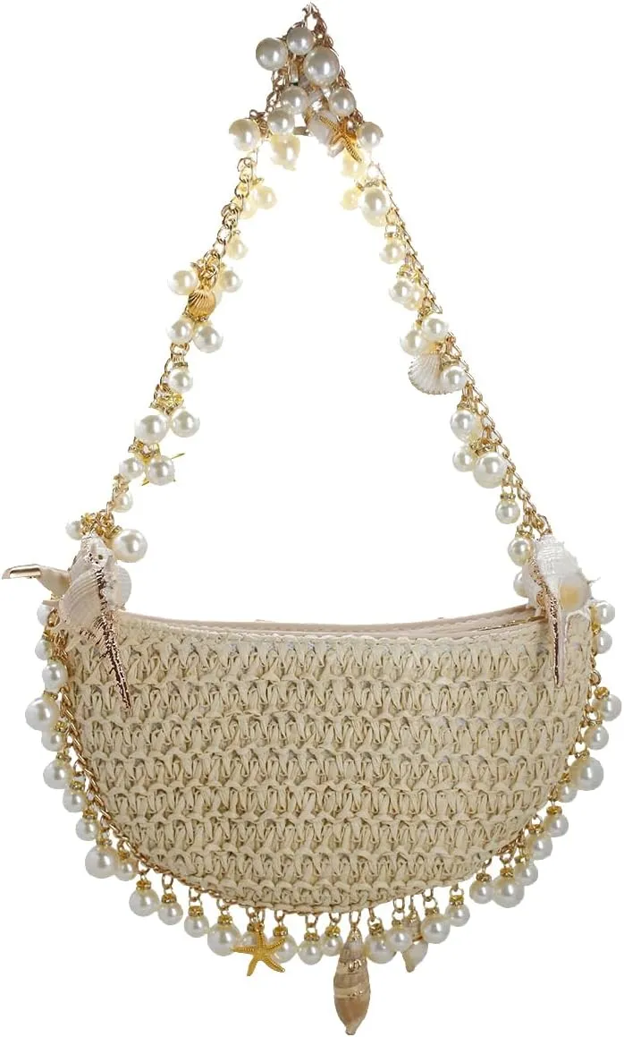 Women Pearl Straw Clutch Purse Woven Summer Beach Evening Bag Wedding Party Straw Shoulder Handbag