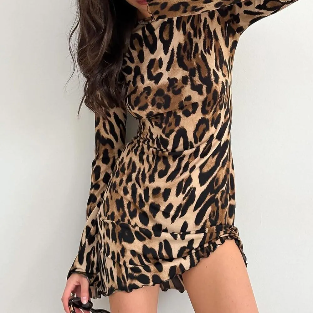 Women Sexy U Backless Mini Dress Long Flare Sleeve Leopard Print A Line Dress for Party Bodycon Dress Autumn Dress