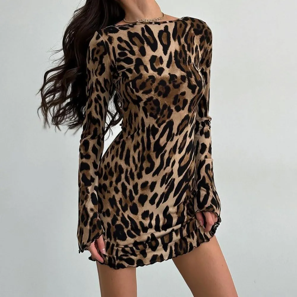 Women Sexy U Backless Mini Dress Long Flare Sleeve Leopard Print A Line Dress for Party Bodycon Dress Autumn Dress