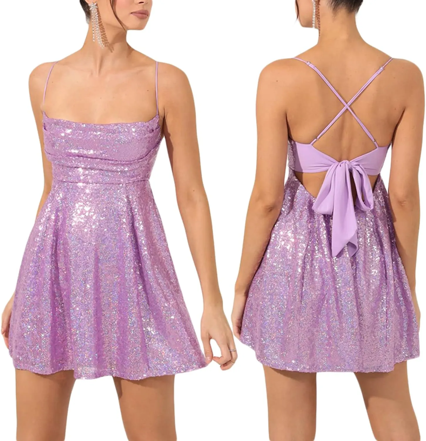Women Sparkle Sequin Mini Dress Spaghetti Strap Backless Glitter Dress Low Cut Slim Fit Bodycon Dress Disco Party Clubwear