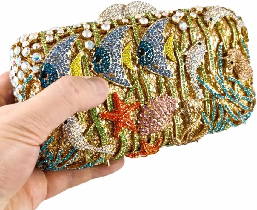 Women Summer Fish Conch Rhinestone Bag Dinner Handbag Sparkly Beach Shell Crystal Evening Clutch for Prom Party
