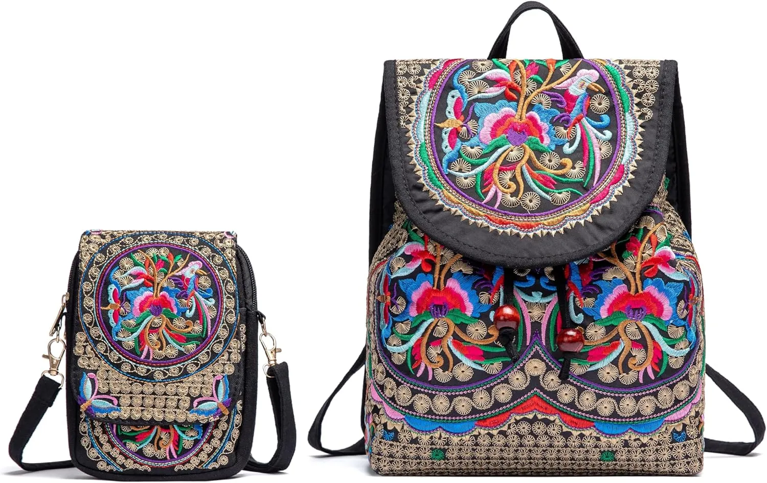 Women Vintage Embroidery Ethnic- Backpack- Flower Shoulder Bag Cellphone Purse,Fashion Handbag Small Drawstring Casual Travel Daypack