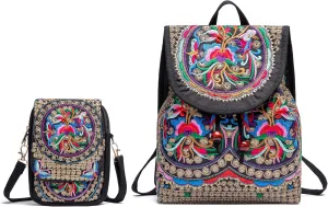Women Vintage Embroidery Ethnic- Backpack- Flower Shoulder Bag Cellphone Purse,Fashion Handbag Small Drawstring Casual Travel Daypack
