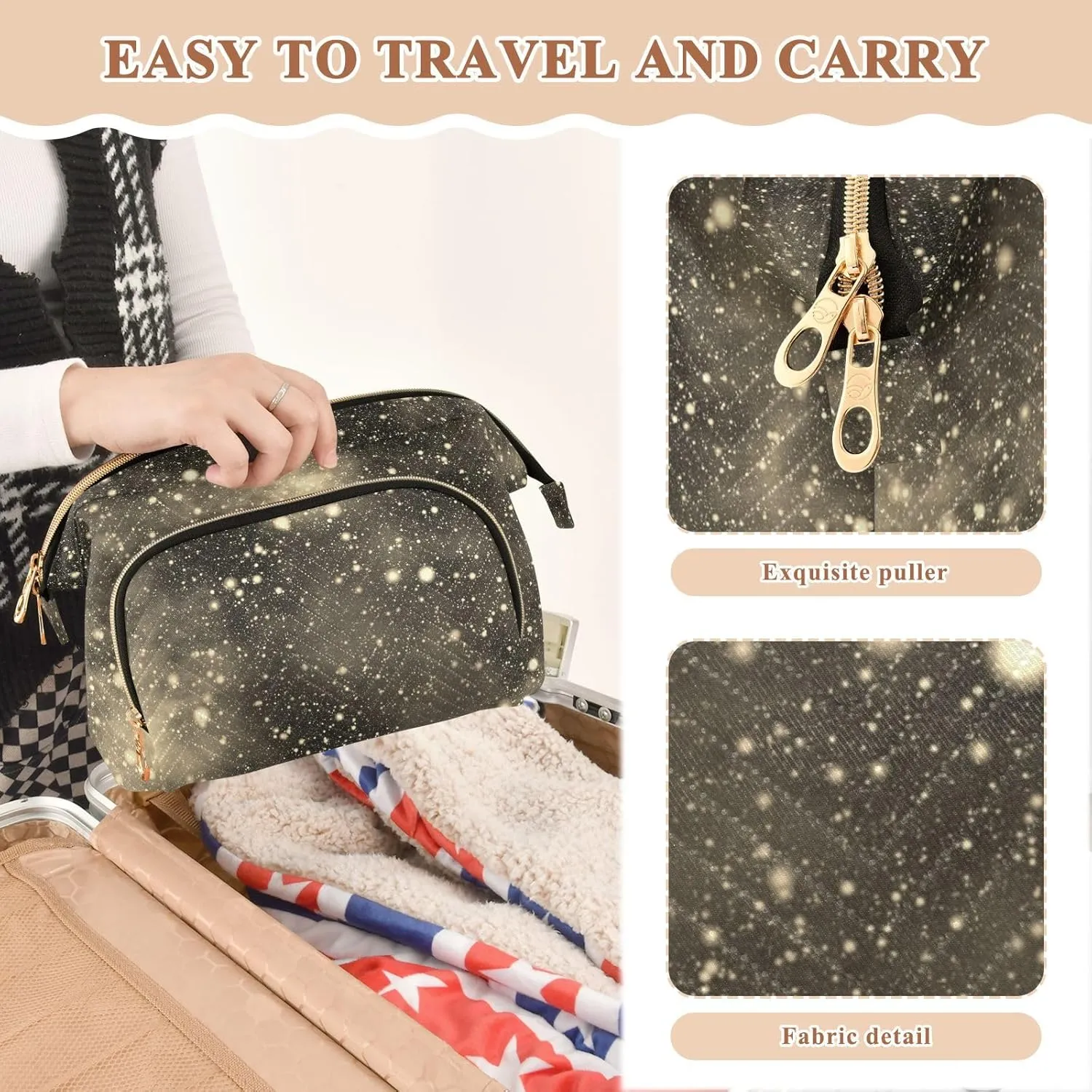 Women Wave Quilt Cosmetic Bag, Storage Pouch Handbag Makeup Case Zipper Toiletry Purse Holder Organizer 10.2x5.9x6.7 in Nebula Night Starry Sky Rainbow Glittering Galaxy