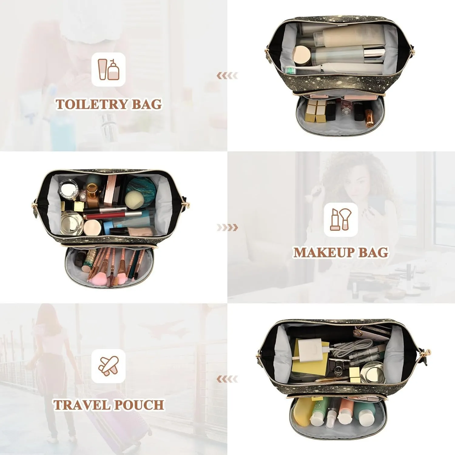 Women Wave Quilt Cosmetic Bag, Storage Pouch Handbag Makeup Case Zipper Toiletry Purse Holder Organizer 10.2x5.9x6.7 in Nebula Night Starry Sky Rainbow Glittering Galaxy