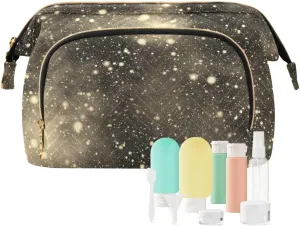 Women Wave Quilt Cosmetic Bag, Storage Pouch Handbag Makeup Case Zipper Toiletry Purse Holder Organizer 10.2x5.9x6.7 in Nebula Night Starry Sky Rainbow Glittering Galaxy