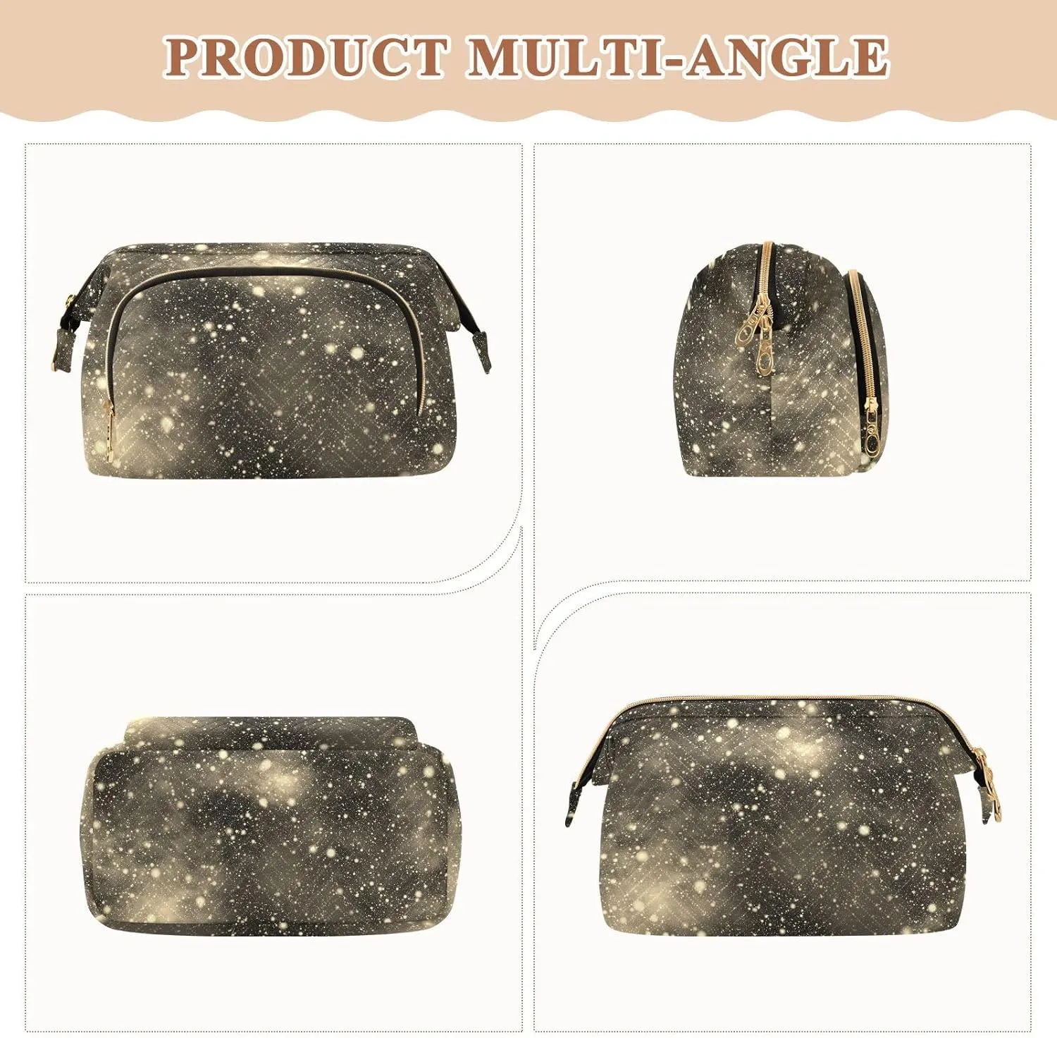Women Wave Quilt Cosmetic Bag, Storage Pouch Handbag Makeup Case Zipper Toiletry Purse Holder Organizer 10.2x5.9x6.7 in Nebula Night Starry Sky Rainbow Glittering Galaxy