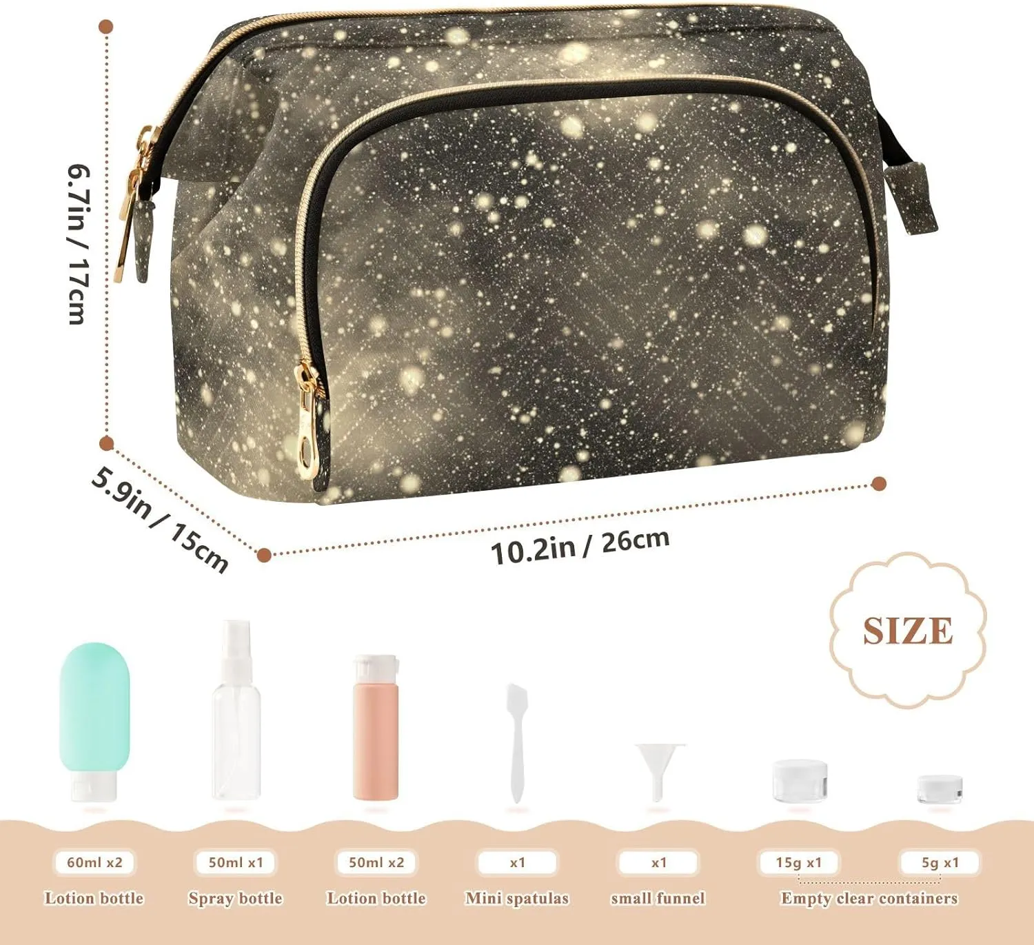 Women Wave Quilt Cosmetic Bag, Storage Pouch Handbag Makeup Case Zipper Toiletry Purse Holder Organizer 10.2x5.9x6.7 in Nebula Night Starry Sky Rainbow Glittering Galaxy