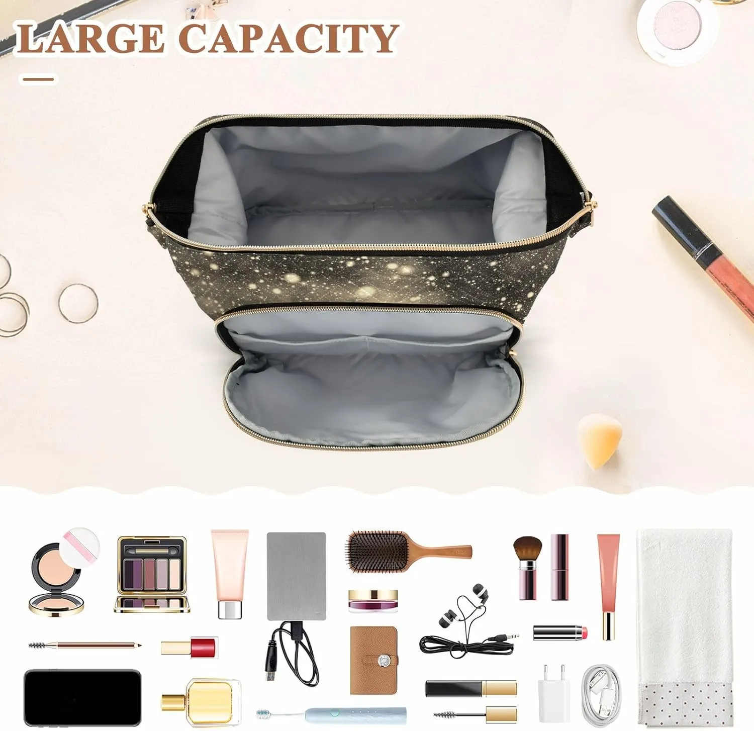 Women Wave Quilt Cosmetic Bag, Storage Pouch Handbag Makeup Case Zipper Toiletry Purse Holder Organizer 10.2x5.9x6.7 in Nebula Night Starry Sky Rainbow Glittering Galaxy