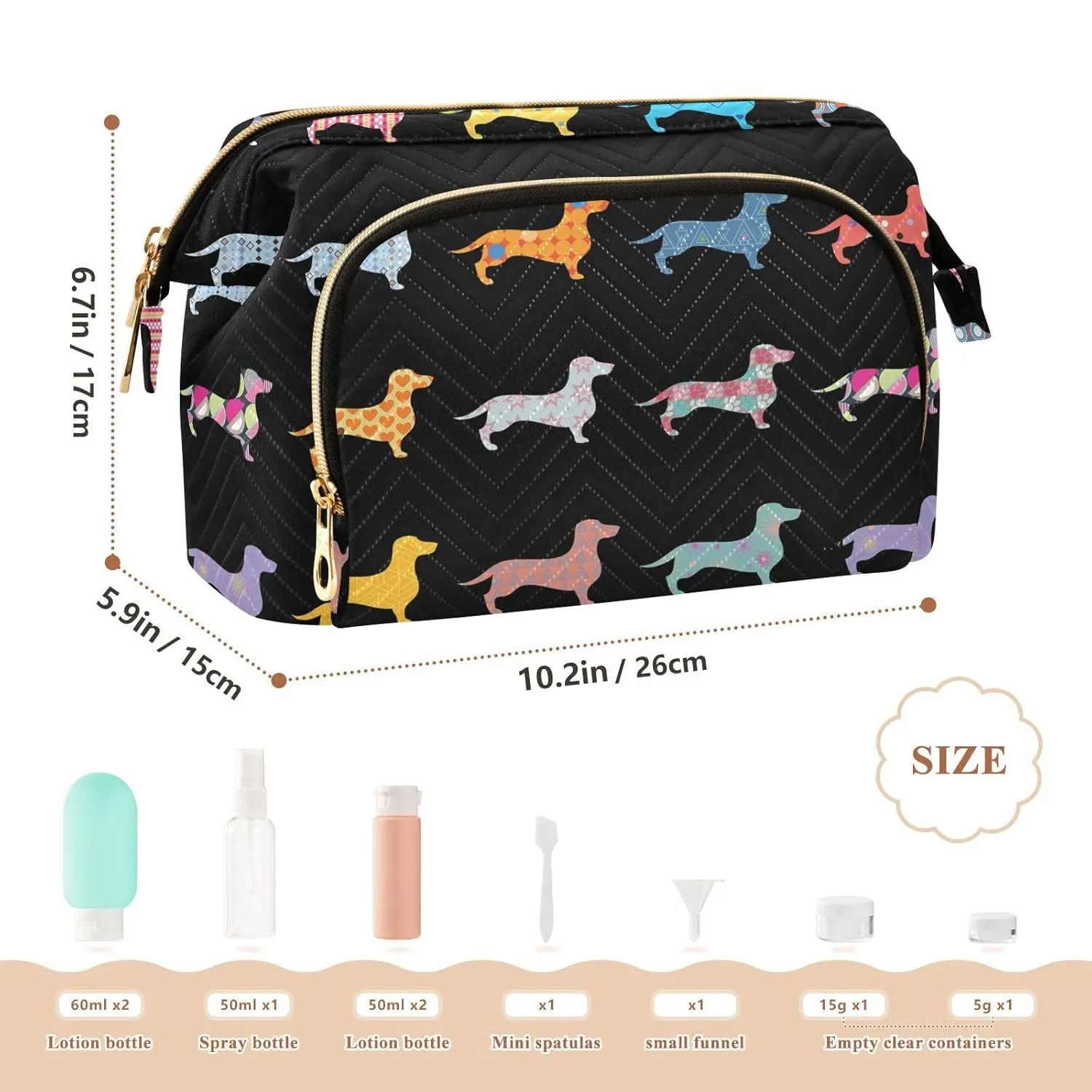 Women Wave Quilt Cosmetic Bag, Zipper Toiletry Storage 10.2x5.9x6.7 in, Pouch Handbag Makeup Case Purse Holder Organizer Print Colorfu Dachshund Dogs On Black