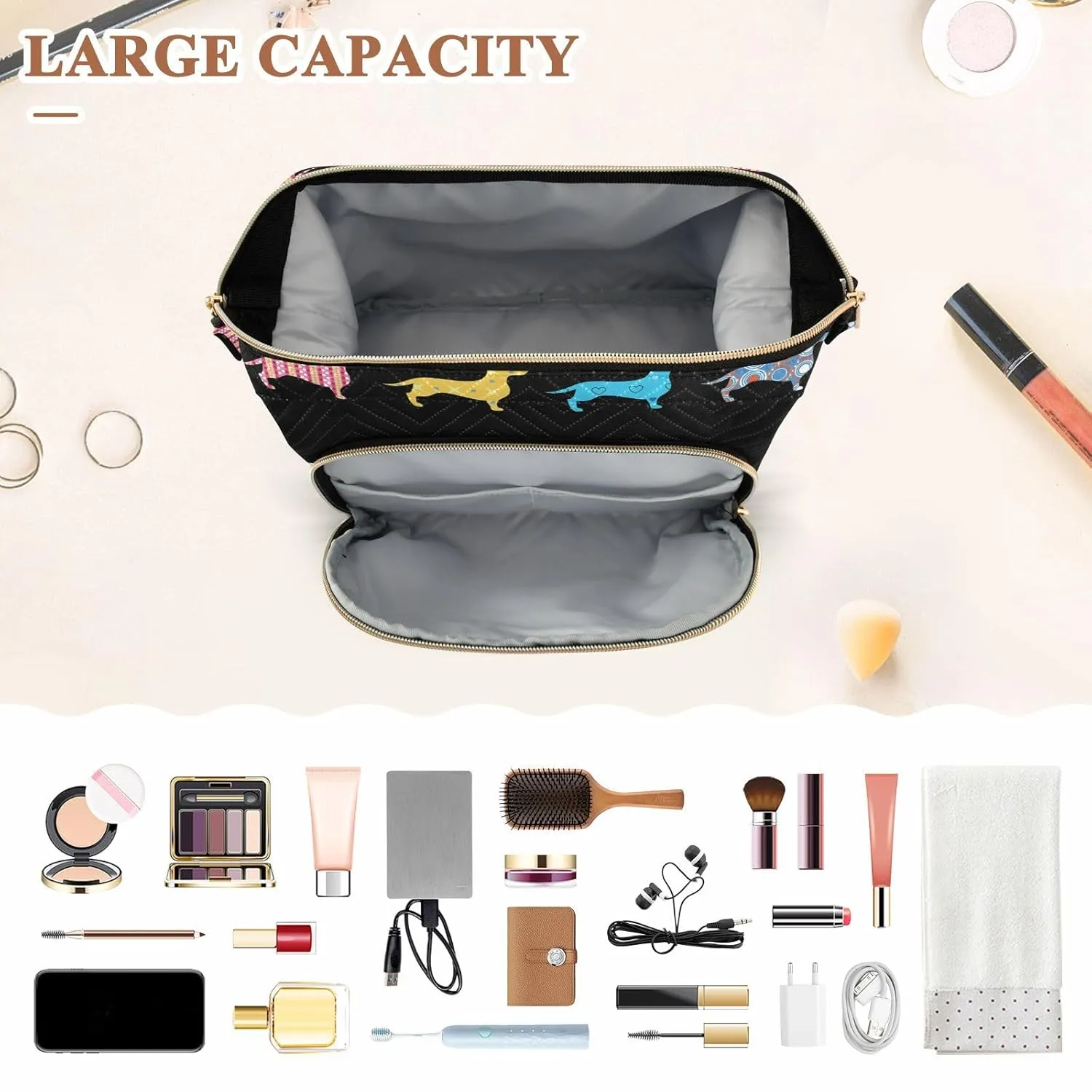 Women Wave Quilt Cosmetic Bag, Zipper Toiletry Storage 10.2x5.9x6.7 in, Pouch Handbag Makeup Case Purse Holder Organizer Print Colorfu Dachshund Dogs On Black