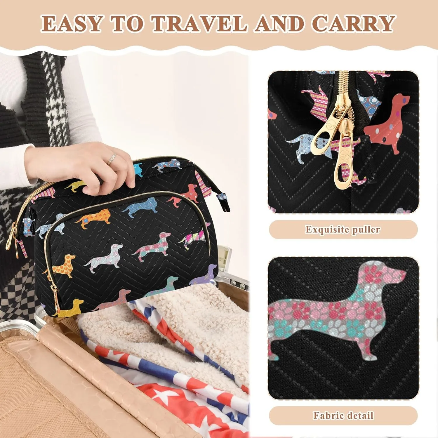 Women Wave Quilt Cosmetic Bag, Zipper Toiletry Storage 10.2x5.9x6.7 in, Pouch Handbag Makeup Case Purse Holder Organizer Print Colorfu Dachshund Dogs On Black