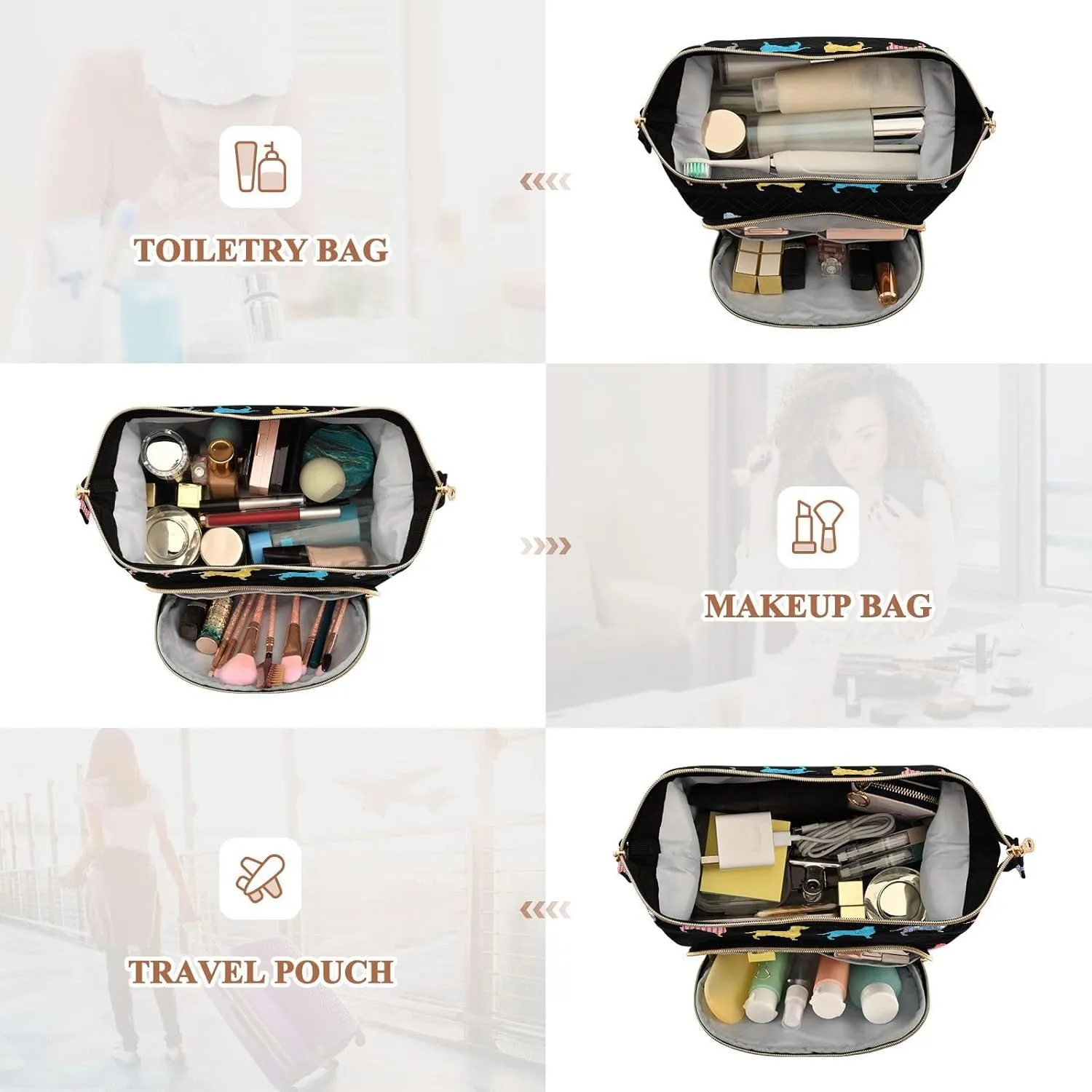 Women Wave Quilt Cosmetic Bag, Zipper Toiletry Storage 10.2x5.9x6.7 in, Pouch Handbag Makeup Case Purse Holder Organizer Print Colorfu Dachshund Dogs On Black